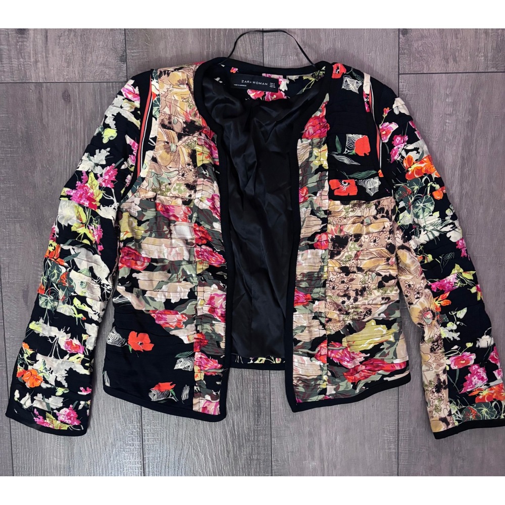 Zara Floral Patchwork Jacket Small Open Front Sta… - image 3
